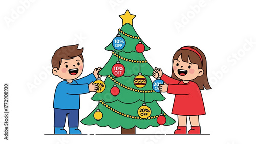 Festive Christmas Moments: Captivating scene featuring two children, adding ornaments on Christmas tree, a heartwarming portrayal of the joyous spirit of the season.