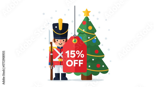 Festive Season Discount: A festive image, featuring a toy soldier, a Christmas tree, and a price tag dangling amidst falling snow, symbolizing seasonal sale