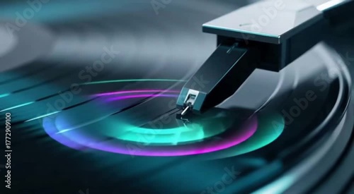 Detailed view of a turntable's needle playing a vinyl record with abstract glowing light effects.
