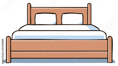 Cartoon illustration of a double bed with pillows and a white blanket in simple style