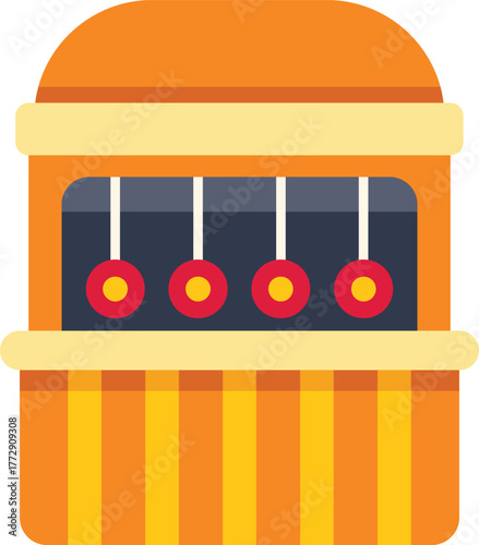 Shooting gallery booth with hanging targets at amusement park or carnival, funfair entertainment