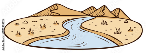 Drawn Desert Landscape with Winding River, Sand Dunes and Sparse Vegetation, Cartoon Style