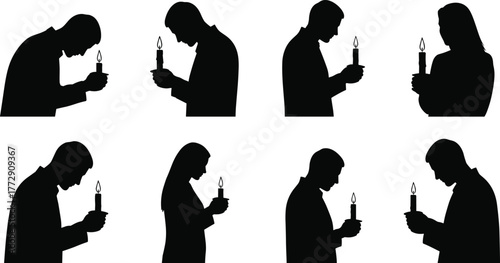People holding candles in silence, mourning and remembrance concept, black and white memorial art, cad drawing flat vector illustration for tribute design