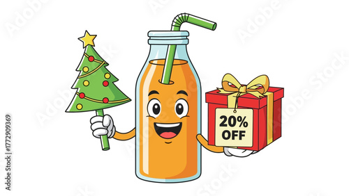 Festive Drink Offer: A cheerful orange juice cartoon character, holding a miniature Christmas tree and a gift box, advertises a special 20% OFF deal, blending holiday cheer with refreshing beverages.