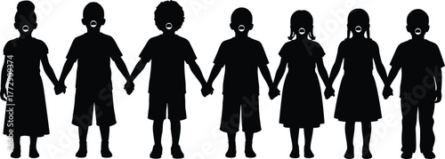 Children holding hands singing together, unity and friendship concept, teamwork and diversity illustration, black and white cad drawing flat vector illustration for education design