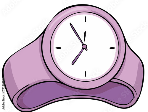 A modern purple analog wristwatch in a simple cartoon illustration style
