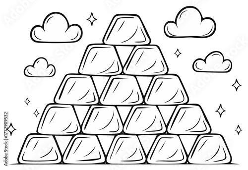 Cartoon Gold Bars Stacked into a Pyramid with Clouds and Stars Illustration
