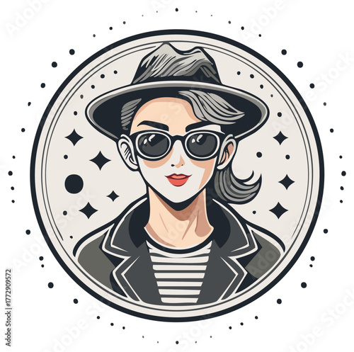 Illustration of a stylish woman wearing a fedora hat and sunglasses in a circular frame