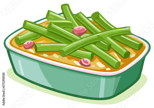 Illustration of green beans and cooked food with red garnish served in a green square bowl.
