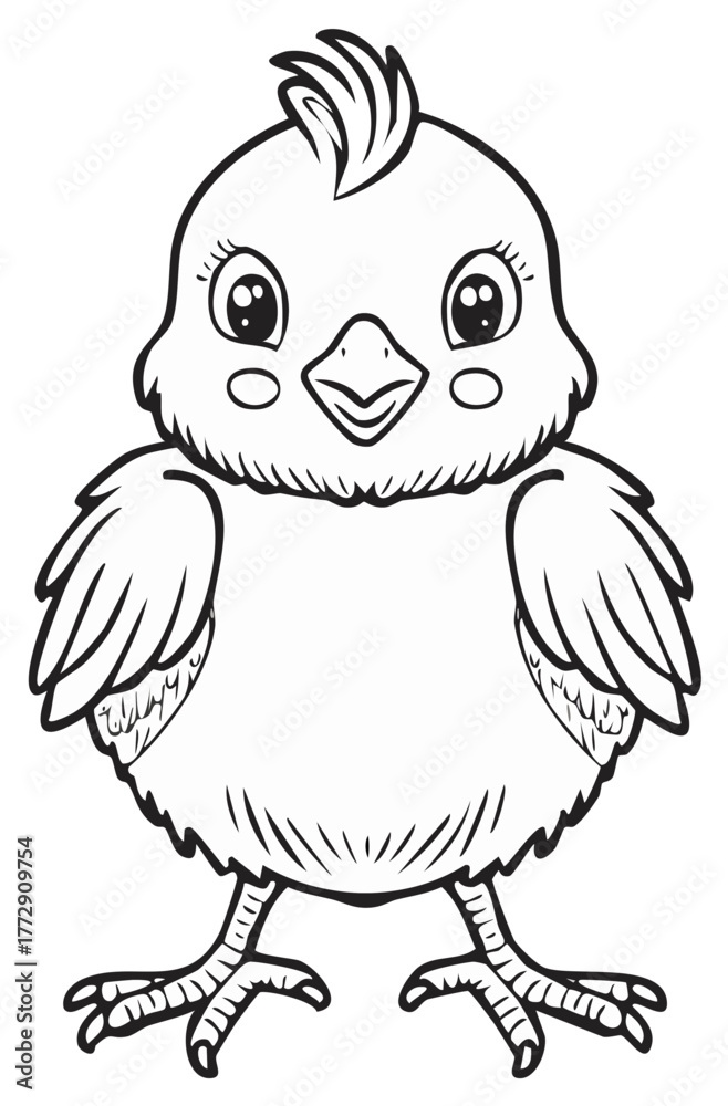 Fototapeta premium Charming outline illustration of a baby chick with big eyes, wings, and feathery details.