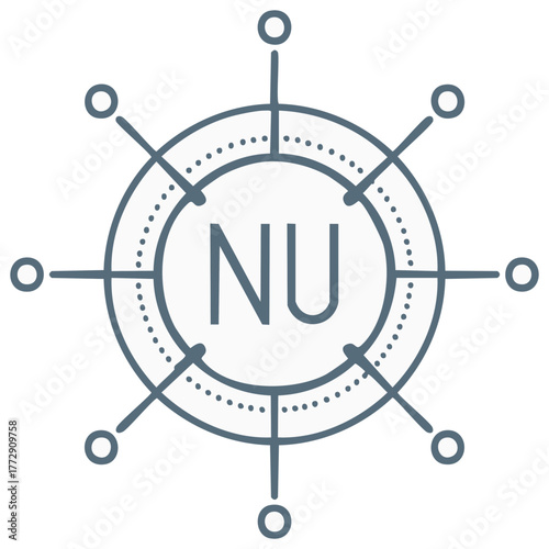 Circular NU symbol with radial lines and dots, connecting, communications, simple design.