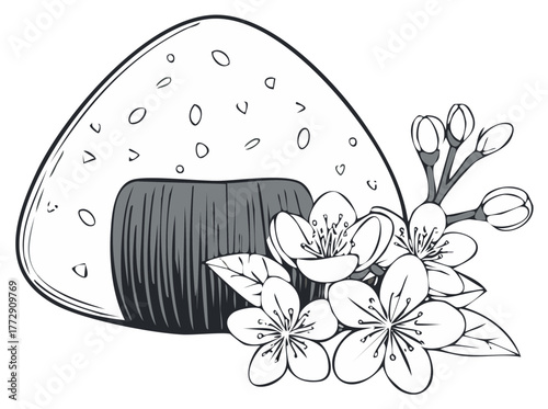 Japanese Onigiri Rice Ball with Sakura Cherry Blossoms Line Art Illustration
