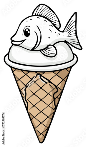 Whimsical cartoon fish character smiling on a delicious vanilla ice cream waffle cone dessert