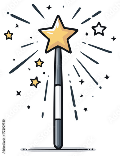 Doodle style magic wand with a bright yellow star and glittering light streaks