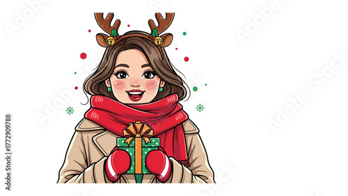 Holiday Joy with Gift and Antler: A cheerful girl, adorned with antler, and vibrant red scarf, joyfully clutches a beautifully wrapped gift. A perfect embodiment of holiday spirit and seasonal cheer.