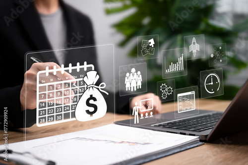 Project Management, Business Target Concept, Businesswoman Planning Projects, Managing Costs, Teams, Training, Prioritizing Tasks, Effective Leadership, Organizational, Strategic Business Growth