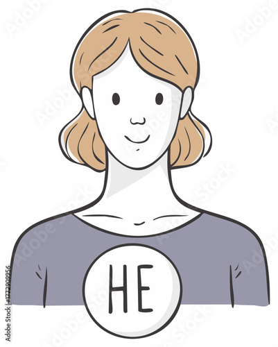 Inclusive portrait illustration of a person with a HE gender pronoun badge