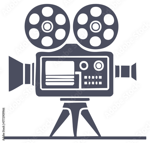 Retro film projector and camera set on tripod for cinematic production