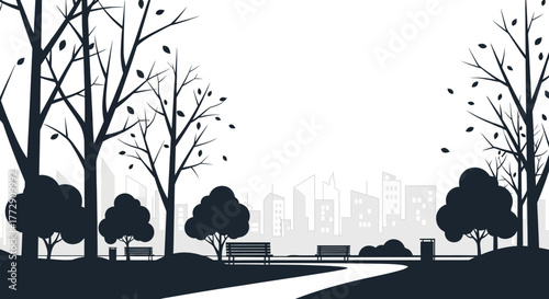 Minimalist Silhouette Park Landscape with City Skyline and Benches Illustration