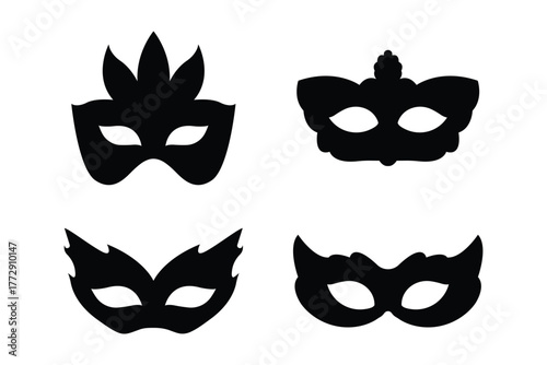 Set of carnival masks silhouettes. Black icons of masquerade masks, for party, parade and carnival, for Mardi Gras and Halloween. Collection of four black silhouette masquerade masks . eps 10