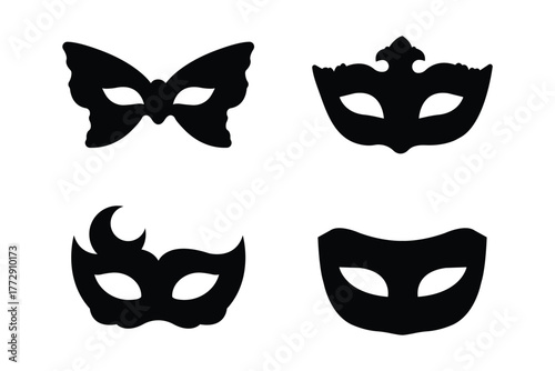 Set of carnival masks silhouettes. Black icons of masquerade masks, for party, parade and carnival, for Mardi Gras and Halloween. Collection of four black silhouette masquerade masks . eps 10