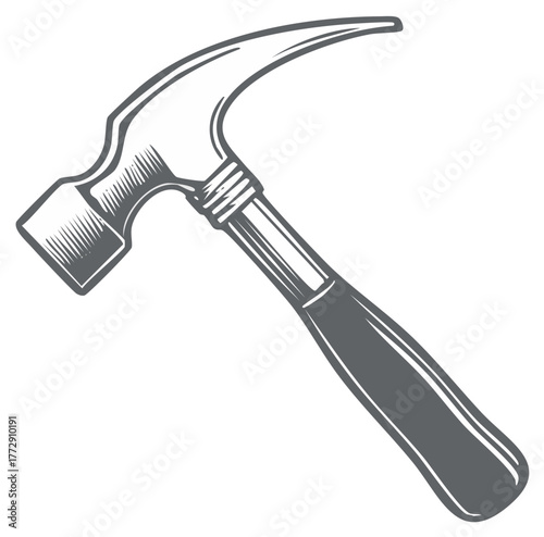 Vintage hammer vector illustration, monochrome design, woodworking tool.