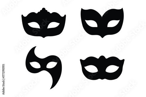 Set of carnival masks silhouettes. Black icons of masquerade masks, for party, parade and carnival, for Mardi Gras and Halloween. Collection of four black silhouette masquerade masks . eps 10