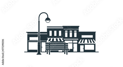 Minimalist Silhouette of Small Town Main Street with Bench and Light