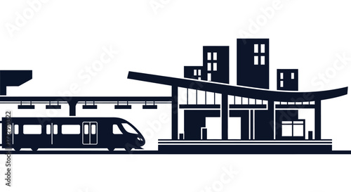 Minimalist Flat Style Train Arriving at Station with Cityscape Silhouette
