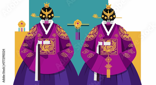 Flat Illustration of Korean Royal Costume Depicting the Elegance of Tradition