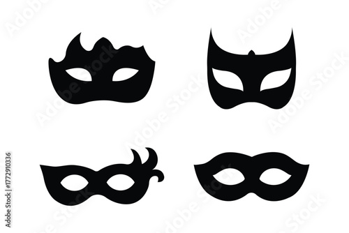 Different Mask silhouette isolated on transparent background Masquerade vector for apps or web party superhero carnival villain or burglar icon  . Carnival mask silhouette vector illustration. 