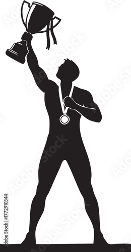 Silhouette of a triumphant athlete raising a trophy high in celebration of victory.