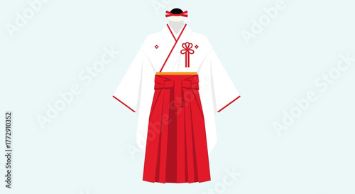 Minimalist Traditional Japanese Miko Outfit Costume Garment Flat Illustration