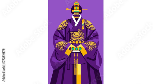 Geometric Stylized King in Royal Purple Costume Illustration Graphic
