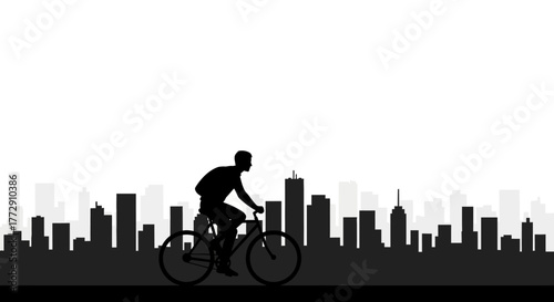 Simple Silhouette Man Riding Bicycle on Skyline Scenery Illustration