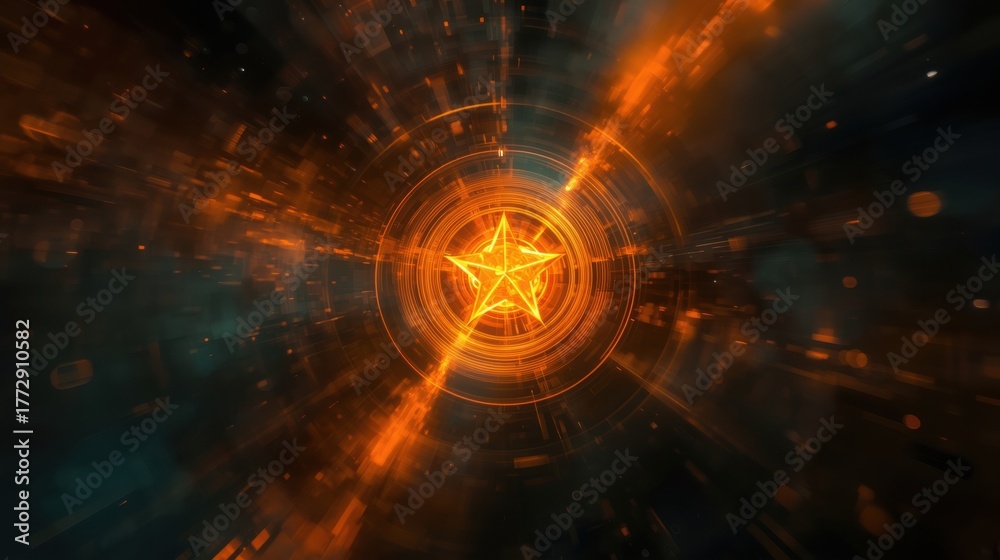 Fototapeta premium Dynamic glowing star bursts through abstract digital tunnel, representing innovation and future progress