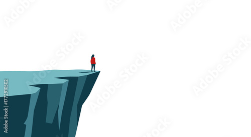Minimalist Girl Standing Edge Cliff Overlooking the Distance Concept Illustration