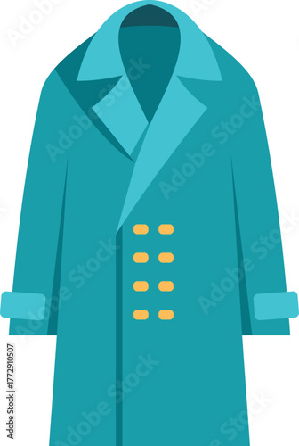 Turquoise winter coat with golden buttons and folded collar isolated on white background