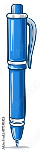 Detailed illustration of a blue plastic ballpoint pen writing tool writing supplies for office work and education