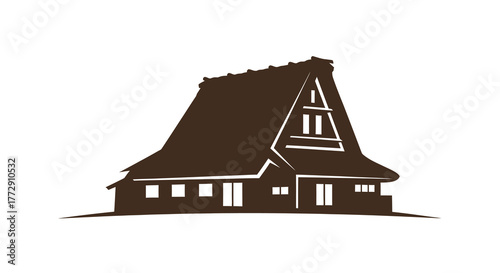 Minimalist Illustration of a Thatched Roof House with a Unique A Frame