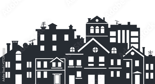 Minimalist Black and White Urban Cityscape Silhouette Building Town Illustration