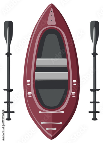 Top view illustration of a red canoe and two oars for water sports and recreation
