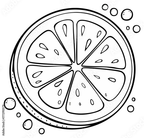 Black and white cartoon illustration of a fresh citrus fruit slice with fizzy bubbles