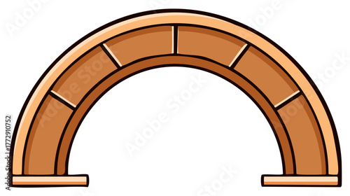 Hand drawn cartoon illustration of a simple brown wooden arch bridge or gateway structure