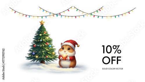 Christmas Hamster with a Discount: A charming illustration features a festive hamster, adorning a Santa hat, standing beside a decorated Christmas tree.