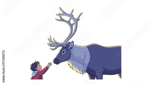 Friendly Encounter: A boy tenderly reaches out to touch a majestic reindeer, a scene that evokes warmth, innocence, and the magic of friendship with nature's giants.