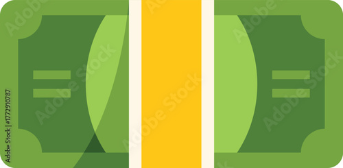 Wrapped stack of green cash money with yellow strap illustrating savings, finance, investment, payment and wealth
