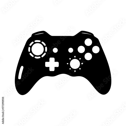 A black silhouette of a modern video game controller with buttons and directional pad on white background
