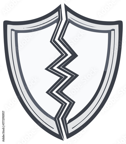 Split and broken security shield emblem illustrating failure, data breach, and vulnerability