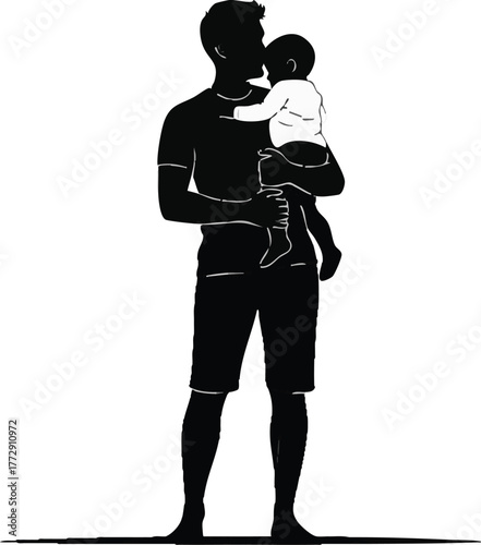Silhouette of a father holding his baby, kissing the child's head, showing a loving and tender moment.